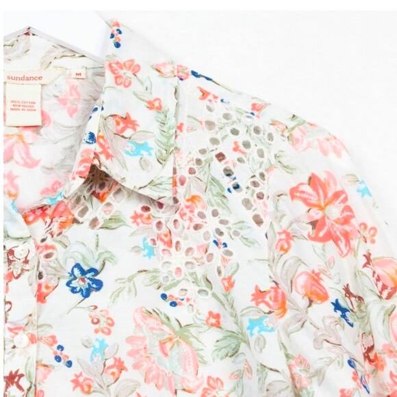 SUNDANCE Wildflower Floral Eyelet Lace Trimmed Blouse Button Up Cottagecore Sz M - Picture 2 of 7
